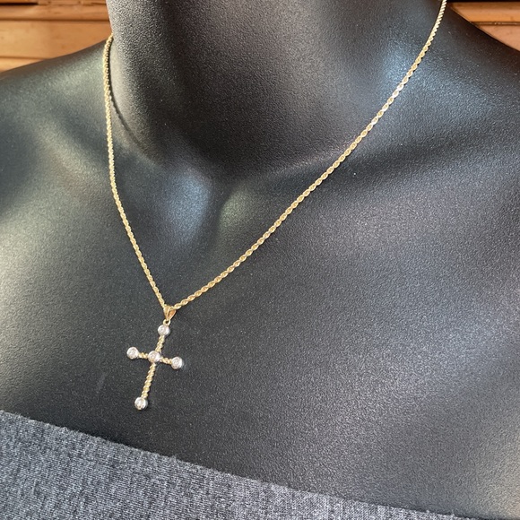 Real 14K Yellow Gold Natural Diamond Bezel Religious Cross Pendant Rope Necklace - Picture 15 of 17